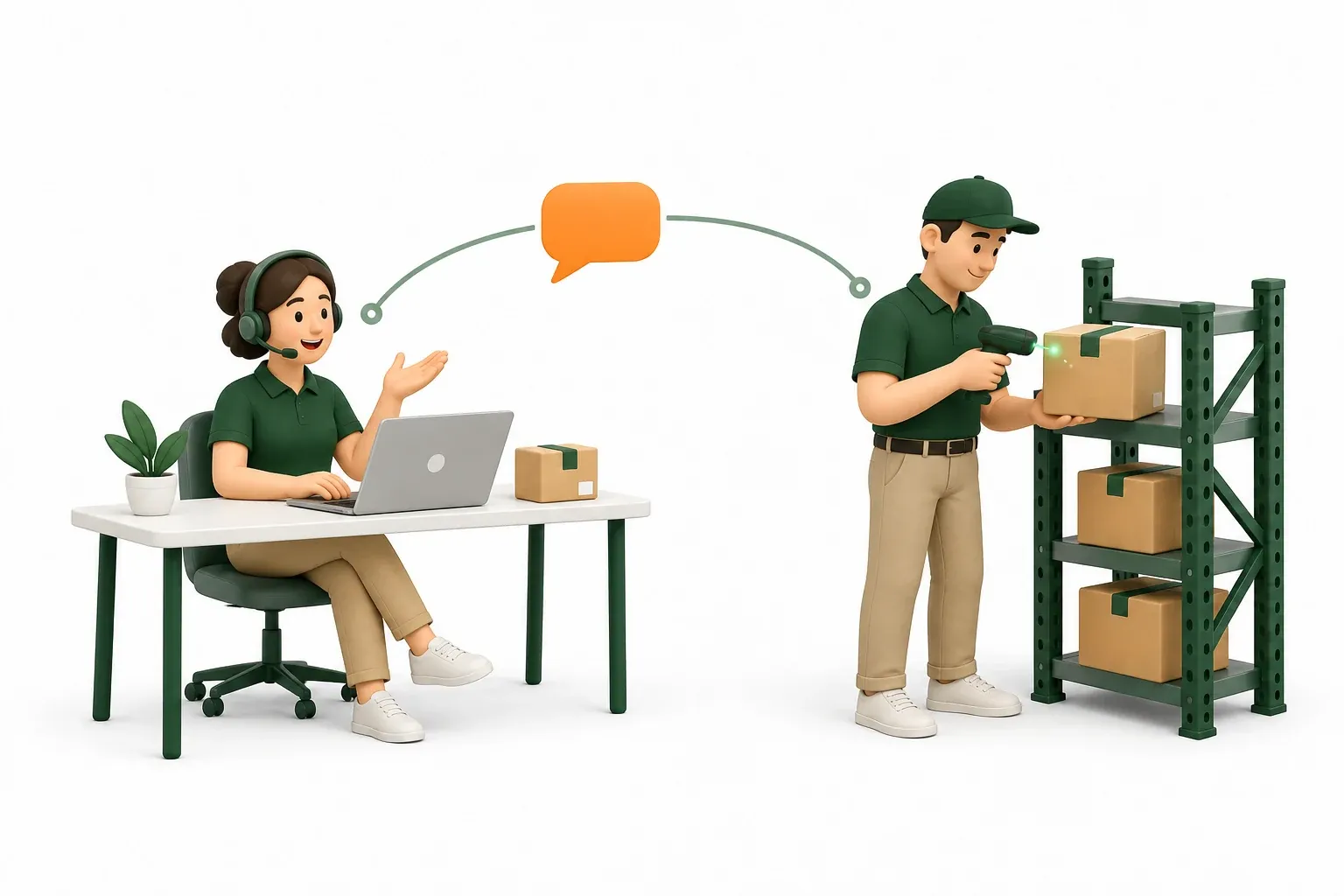 Illustrazione 3D di una referente dell'assistenza logistica con cuffie che collabora con un operatore di magazzino al controllo dei pacchi