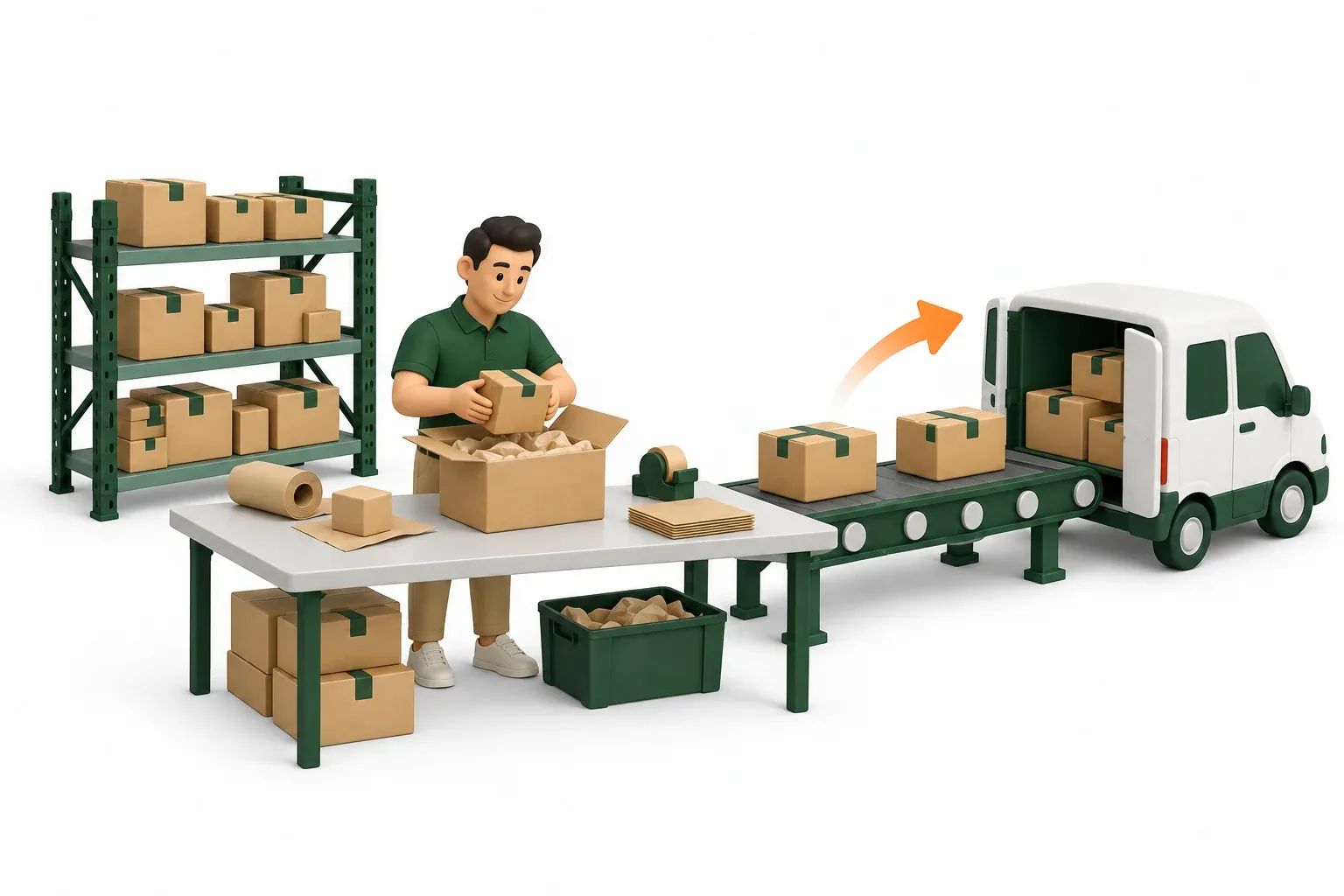 Illustrazione 3D di un operatore che prepara un ordine, con scaffali di magazzino, pacchi e furgone per le consegne
