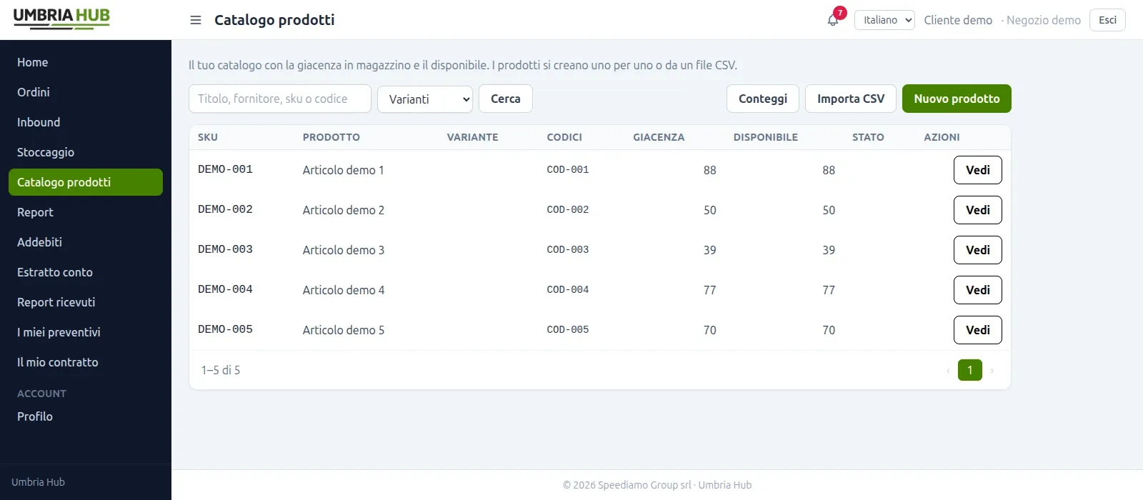Catalogo del portale clienti My Umbria Hub con prodotti, SKU e giacenze