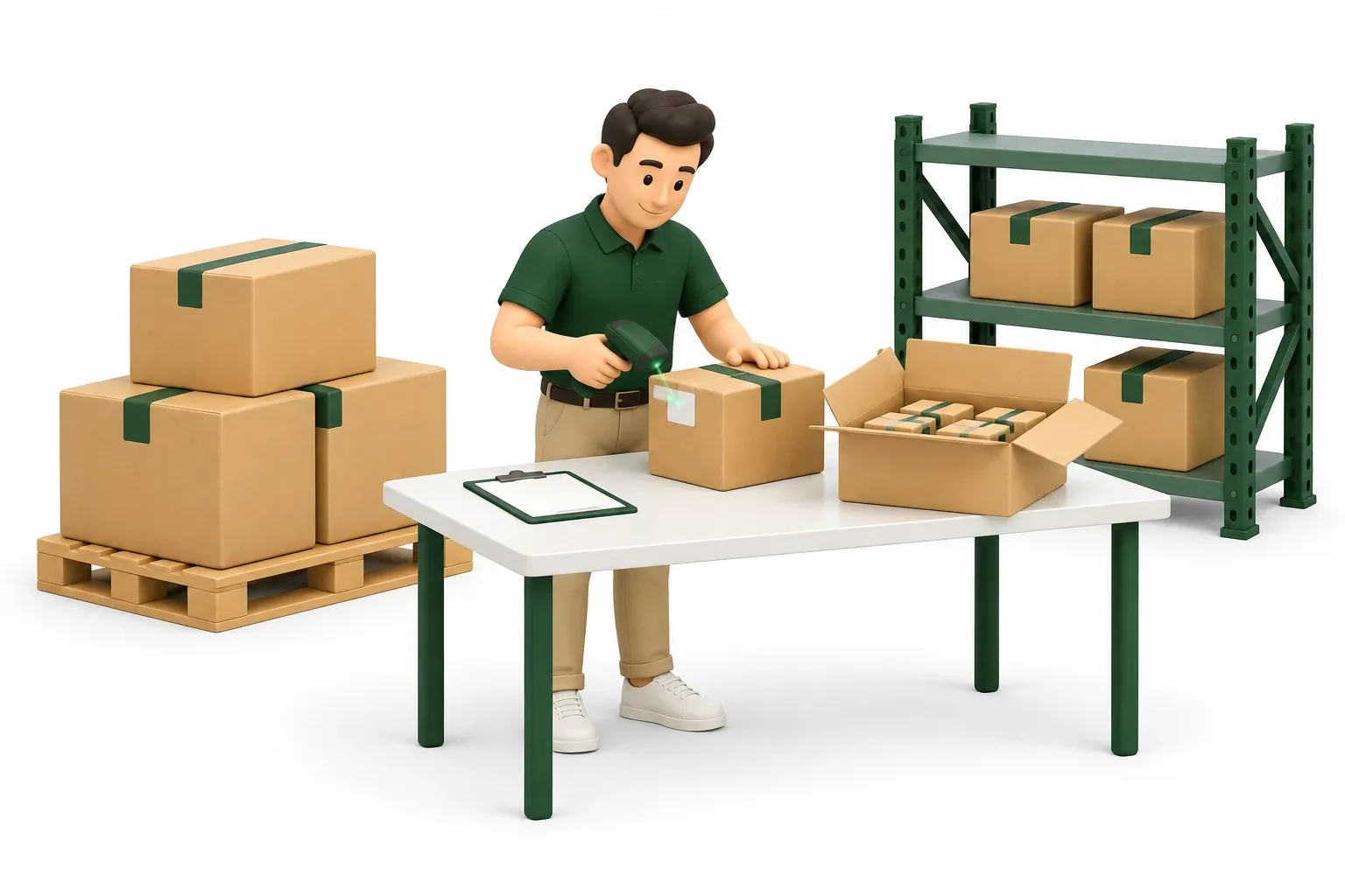 Illustrazione 3D di un operatore che verifica la merce in ingresso con un lettore di codici, accanto a pallet e scaffali