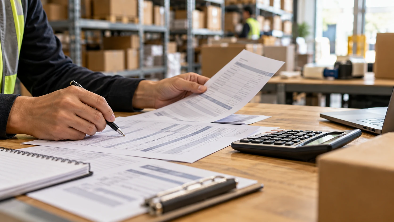 Analisi di un preventivo logistico con documenti e calcolatrice in un magazzino eCommerce